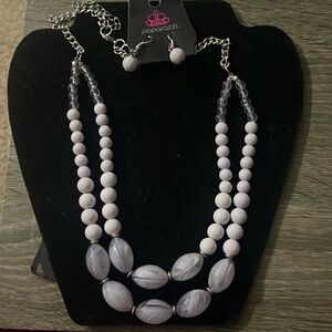 NWT 2 Layer Grey & Silver Necklace & Earrings Set